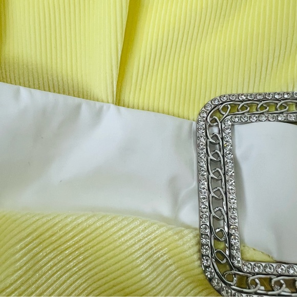 Yellow Velvet & Vinyl White Buckle Cut Out Cowl Bodycon Strapless Mini Dress - Picture 6 of 11